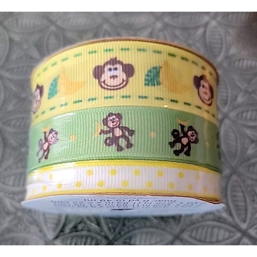 Babyville Boutique Grosgrain Ribbon Monkeys Bananas Yellow Green Polka Dots 6yd
